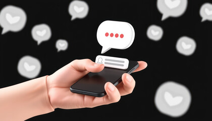 Hand Holding Smartphone with Social Media Notifications and Interaction Symbols Against a Dark Background