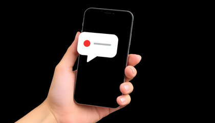 Hand holding smartphone with notification alert isolated on black background, modern technology and communication concept