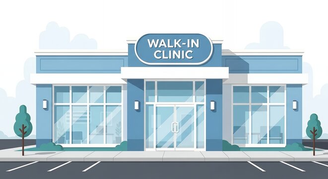 Pixel Art Walk In Clinic Facade with Blue and White Palette Large Windows and Clear Signage Under Cloudy Sky Minimalist Style in a Healthcare Setting with Urban Street View