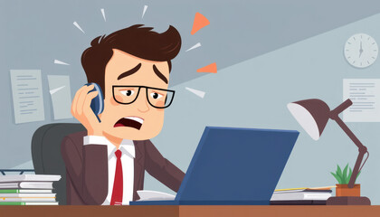 Stressed Businessman on Phone Dealing with Work Challenges at Office Desk in Modern Workspace