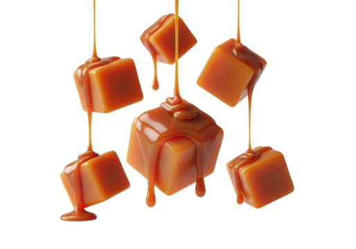 Multiple glossy, cubic amber caramel squares floating with viscous golden sauce actively dripping, transparent isolated background with copy space, soft studio lighting, no shadows, concept of