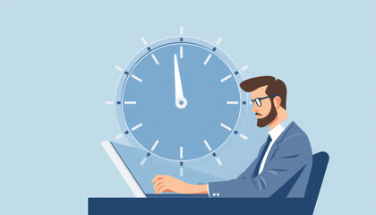 Motivated Professional Working with Focus and Determination Amidst a Large Clock Symbolizing Time Management and Productivity