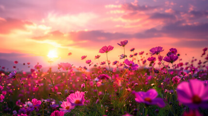 Fototapeta premium Beautiful and amazing of cosmos flower field landscape in sunset. nature wallpaper background