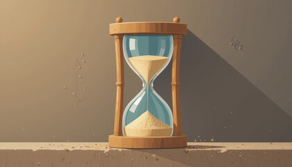 Classic Hourglass with Sand on Wooden Base Against a Subtle Gray Wall for Time Concept and Reflection