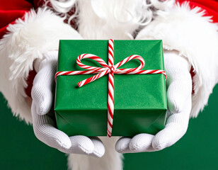  Jolly Santa carrying holiday gift box in festive red gloves isolated on transparent background PNG