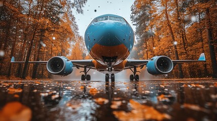 A vibrant airplane sits on a wet tarmac in an autumnal forest.