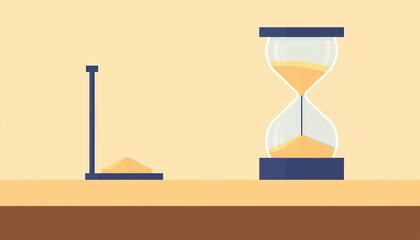 Conceptual Illustration of Time Management with a Sand Timer and a Measuring Scoop on a Minimalist Background
