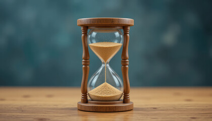 Hourglass on wooden table with blurred blue background symbolizing time passing and the importance of time management in life and work
