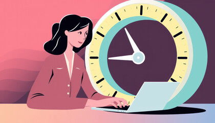 Professional Woman Working on Laptop with Big Clock in Background Illustrating Time Management and Productivity Concept