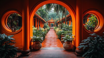 An orange-hued pathway lined with lush greenery and arches.