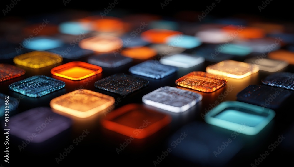 Poster glowing grid of square shapes with different colors and textures, representing the diverse areas whe