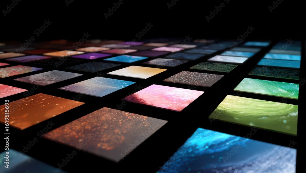 Poster glowing grid of square shapes with different colors and textures, representing the diverse areas whe