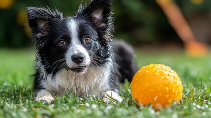 A border collie resting on grass with a toy.