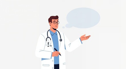 Cartoon Doctor with Stethoscope Gesturing in White Coat with Speech Bubble for Medical Advice and Healthcare Communication on Plain White Backdrop