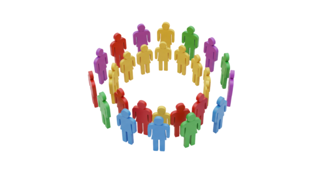 Isometric Group Of Colorful Human Figures Arranged In A Circular Formation On A Transparent Black Background