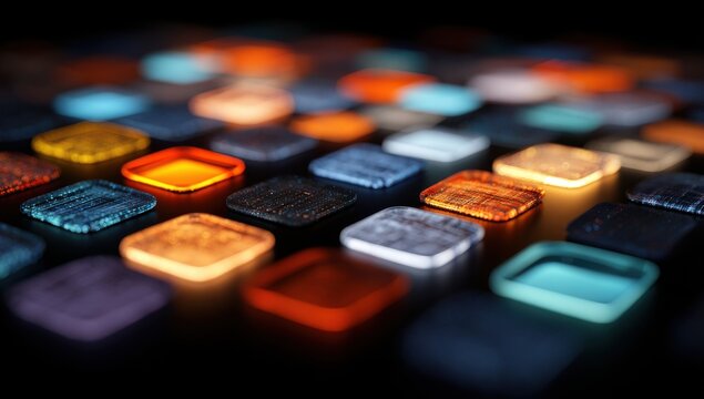 glowing grid of square shapes with different colors and textures, representing the diverse areas where AI can be applied in business.