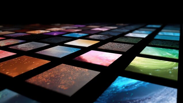 glowing grid of square shapes with different colors and textures, representing the diverse areas where AI can be applied in business.