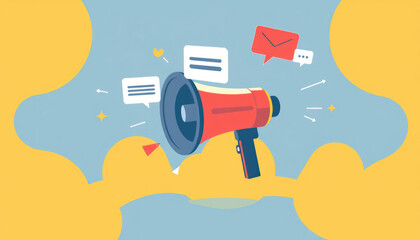 Colorful illustration of a megaphone with speech bubbles and messages in a vibrant background showing communication concepts and digital interaction