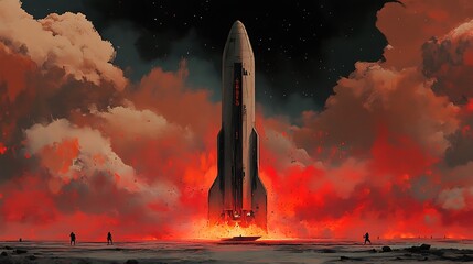 Rocket launch in a dramatic fiery sky.