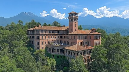 A large, elegant building nestled amongst lush greenery and mountains.