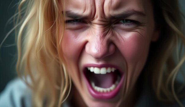 A yellow-haired woman frowning in anger