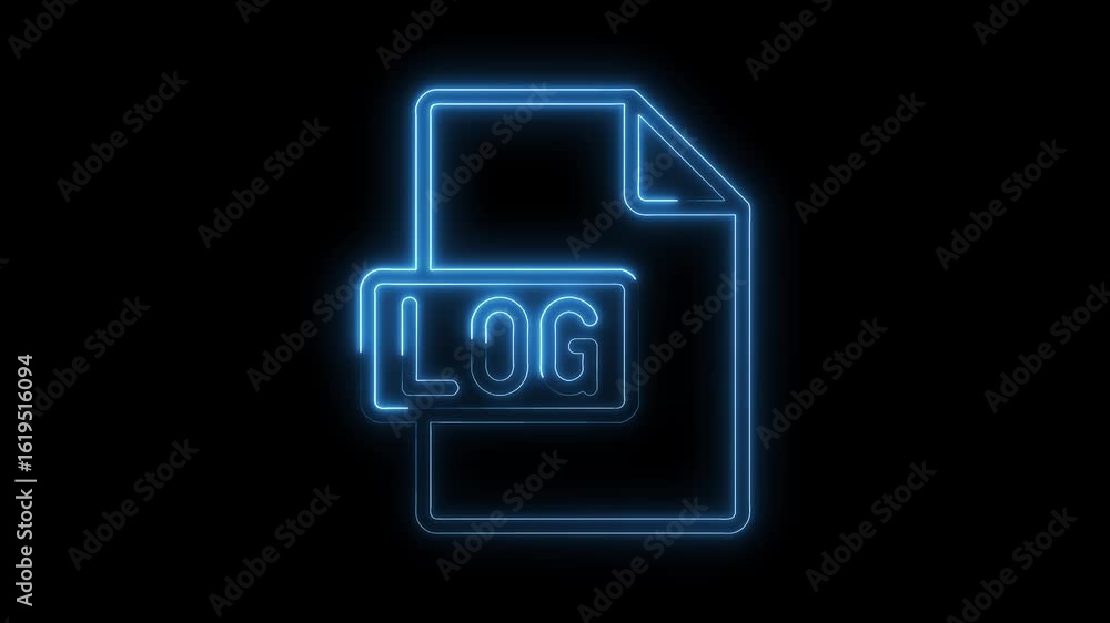 Poster glowing blue neon document icon with the word l o g inside isolated on a black background representi