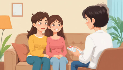 Two Women Smiling While Engaging in Conversation with a Professional in a Comfortable Living Room Setting