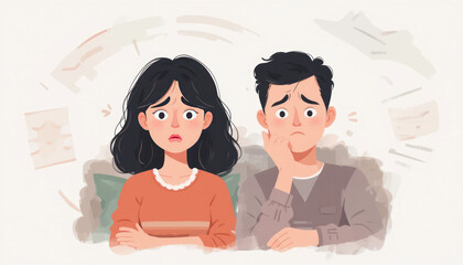 Couple Facing Relationship Issues with Expressions of Worry and Concern in a Soft Digital Illustration