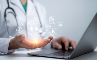 Doctor showing digital healthcare data security with AI, privacy protection, encryption, access control, medical record safety, cybersecurity system, modern health technology
