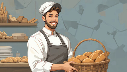 Cheerful baker holding basket of fresh bread in a warm bakery setting, showcasing artisanal creations and a passion for baking and craftsmanship