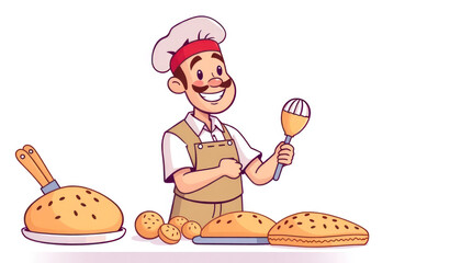 Cheerful baker in a kitchen with freshly baked bread and pastries, holding a whisk, showcasing culinary skills and passion for baking