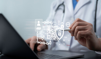 Doctor using stylus to scan secure QR code for identity verification, health data protection, digital patient record access, cybersecurity, medical authentication, encryption system