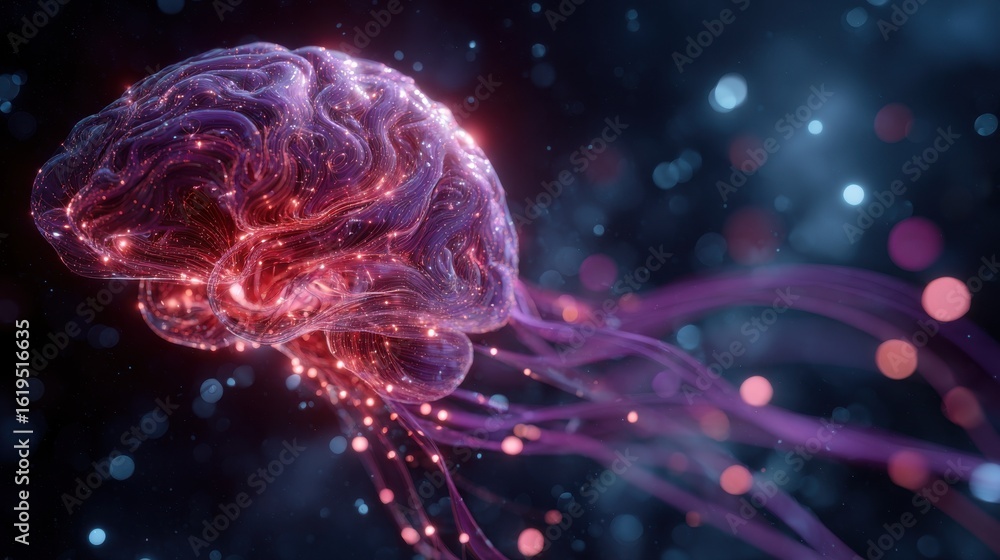 Poster a high-detail 3d render of a human brain glowing with intricate red and purple neural circuits.