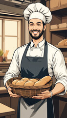 Smiling chef holding a basket of freshly baked bread in a cozy kitchen setting, showcasing passion for baking and culinary art