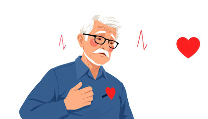 Elderly man with heart issues experiencing symptoms, health concerns and medical attention in a flat design style related to wellness