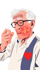 Senior Man with Heart Symbol and Toothpick, Experiencing Moment of Thoughtful Reflection in Colorful Style
