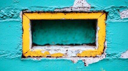 A rectangular, yellow-framed recess in a teal-colored wall.