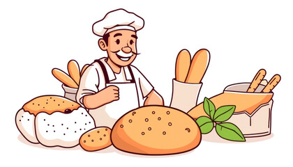 Cheerful baker in white uniform with various bread types, pastries, and baking supplies, showcasing fresh baked goods in a cozy bakery setting