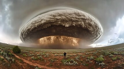 Dramatic supercell thunderstorm over a dry, flat landscape.