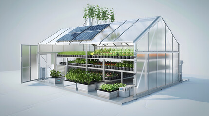 Fototapeta premium A greenhouse structure with solar panels and multiple shelves filled with various plants inside it .