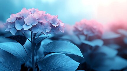 Delicate pastel hydrangea blossoms in a garden setting.
