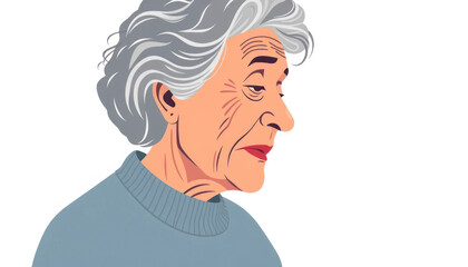Thoughtful elderly woman with gray hair and serene expression in a minimalist style portrait on a white background