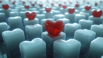 Red hearts atop frosty cubes.