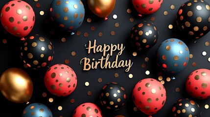 Birthday balloons in various colors with gold polka dots on a dark background.