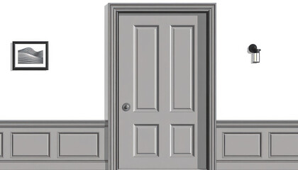 Gray Door in Minimalist Interior Setting with Wall Art and Light Fixture