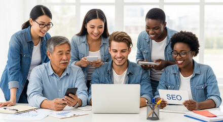 Diverse group working together on SEO strategy with digital devices and teamwork.