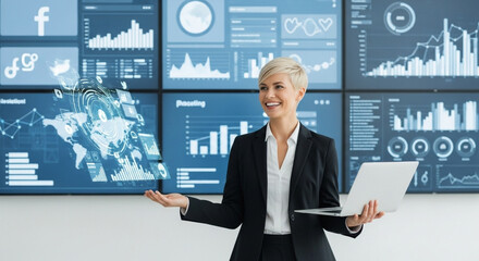 Businesswoman analyzing global data with digital holographic interface and laptop.