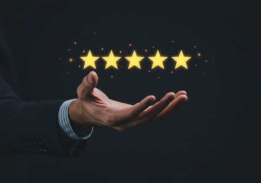 Representing exceptional quality, a hand offers five perfect stars for a superior product or service