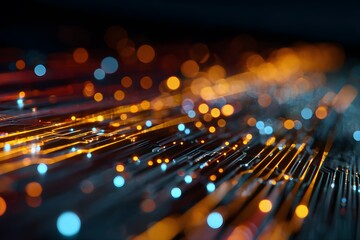 Abstract background with colorful, glowing light streaks and circuit board lines, representing data transfer in a technology concept.