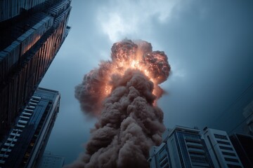 A catastrophic explosion takes place as a missile hits a towering skyscraper in the city on a cloudy day.